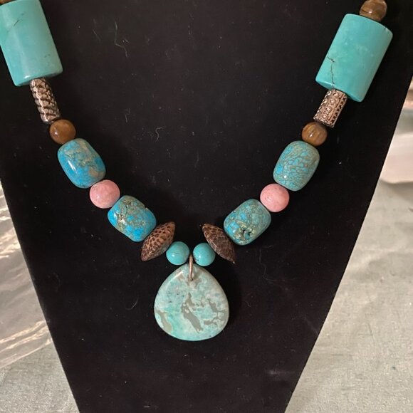 Huge Chunky Turquoise Slab Necklace Statement Boho Western Heart Clasp Gift - Picture 2 of 4